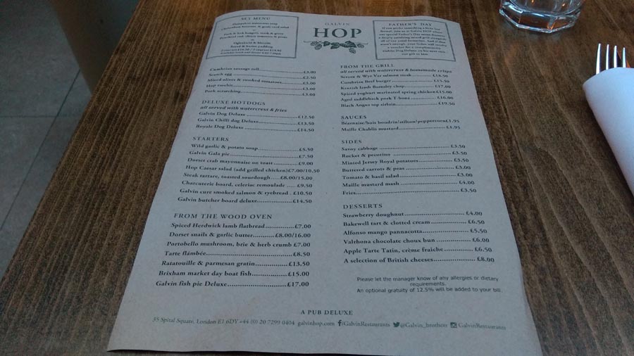 Galvin hop the menu