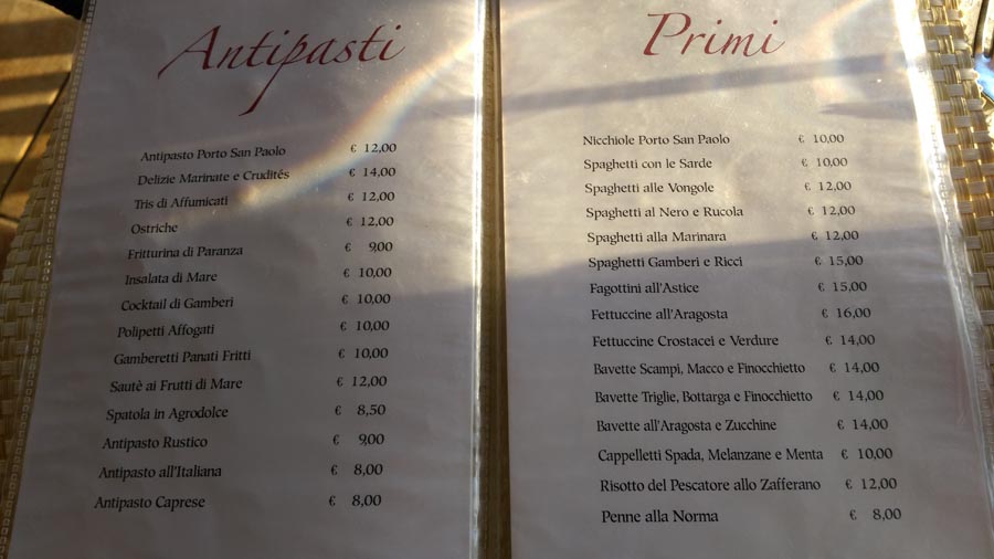 Porto San Paolo Menu