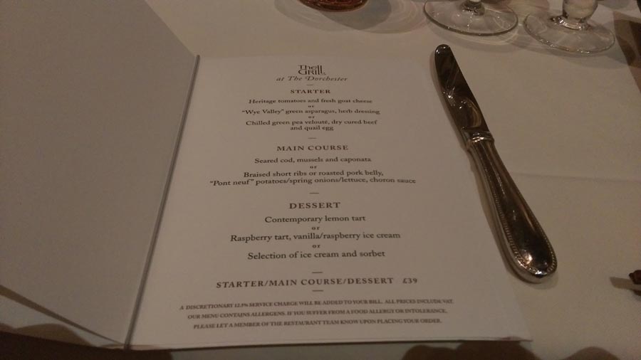 The Dorchester Grill Menu