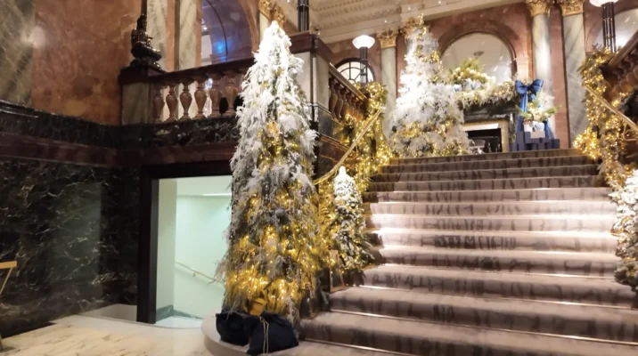 Mandarin Oriental London Grand Staircase Gold White Christmas Trees Marble Columns