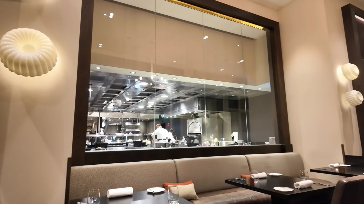 Mandarin Oriental London Restaurant Open Kitchen Window Banquette Seating Shell Sconces