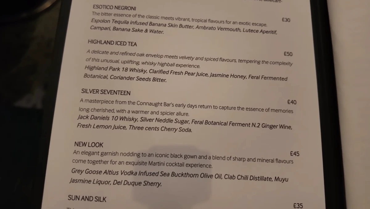 Menú del bar de The Connaught Londres