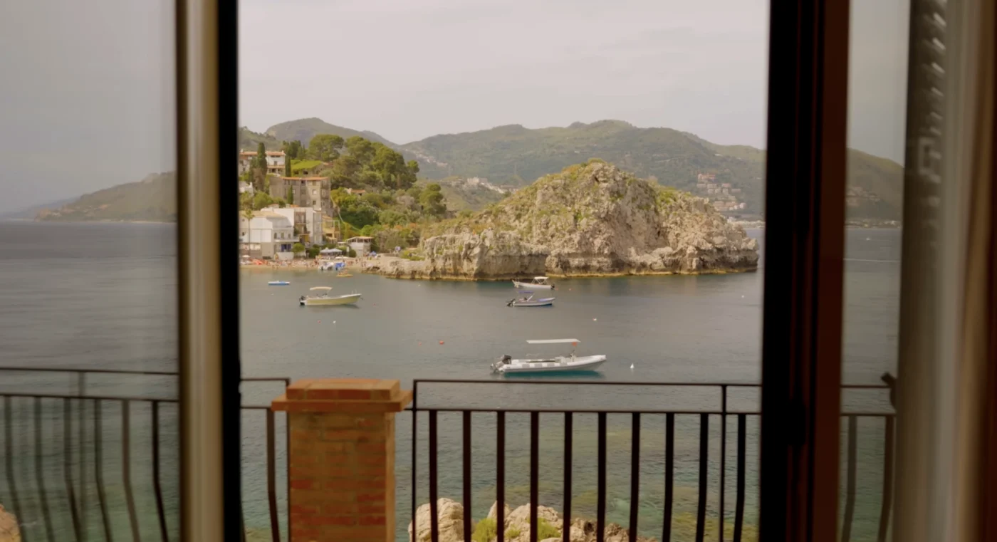 Villa Sant Andrea Taormina Balcony View Bay Boats Rock Island Coastal Village Mountains