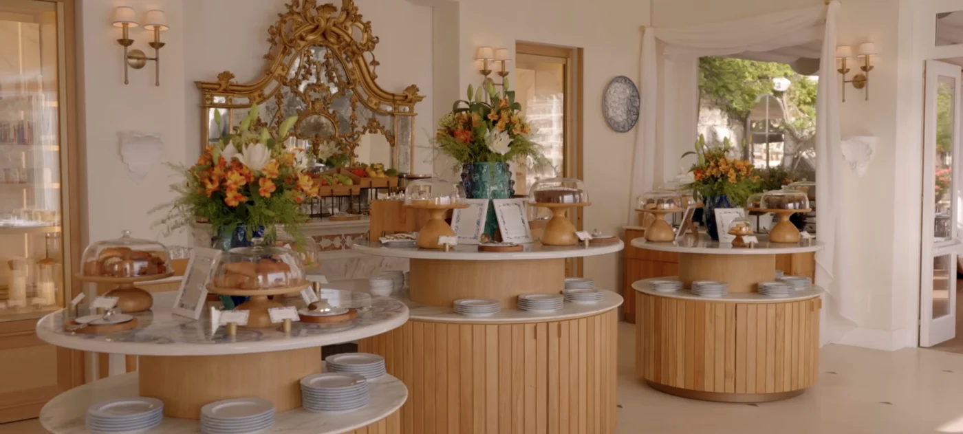 Villa Sant Andrea Taormina Breakfast Buffet Ornate Gold Mirror Floral Arrangements Circular Displays