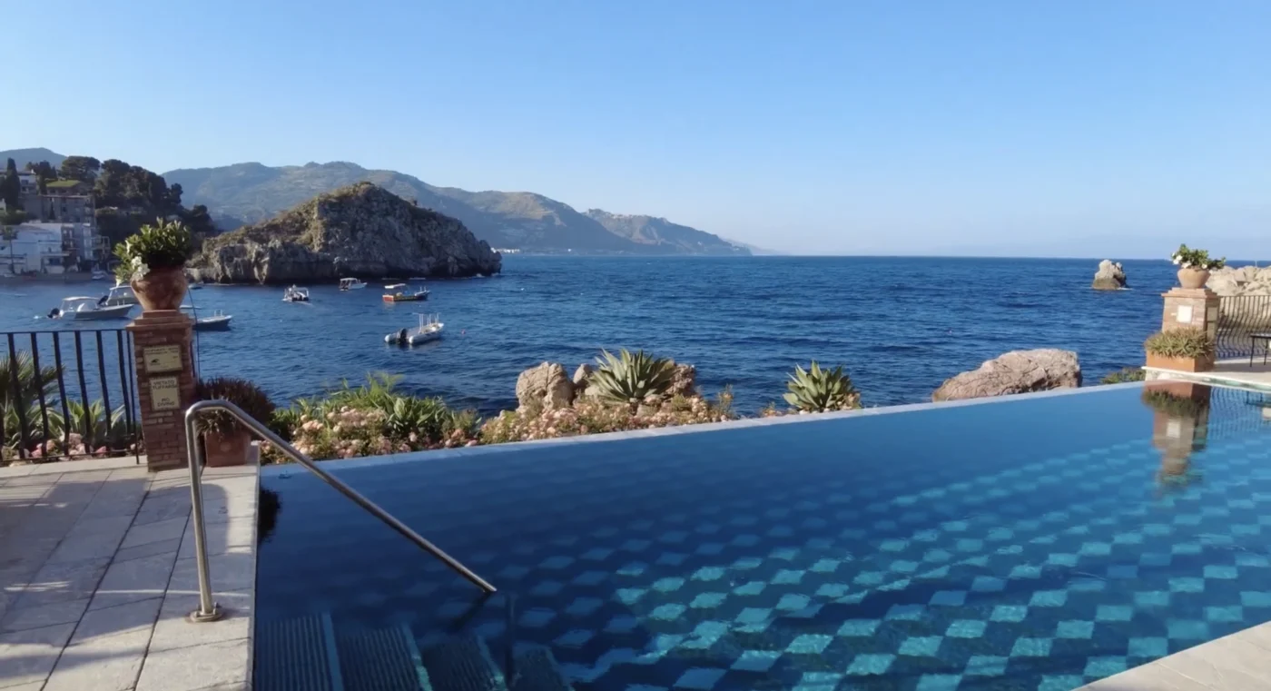 Villa Sant Andrea Taormina Infinity Pool Mosaic Tile Bay View Boats Clear Blue Sky