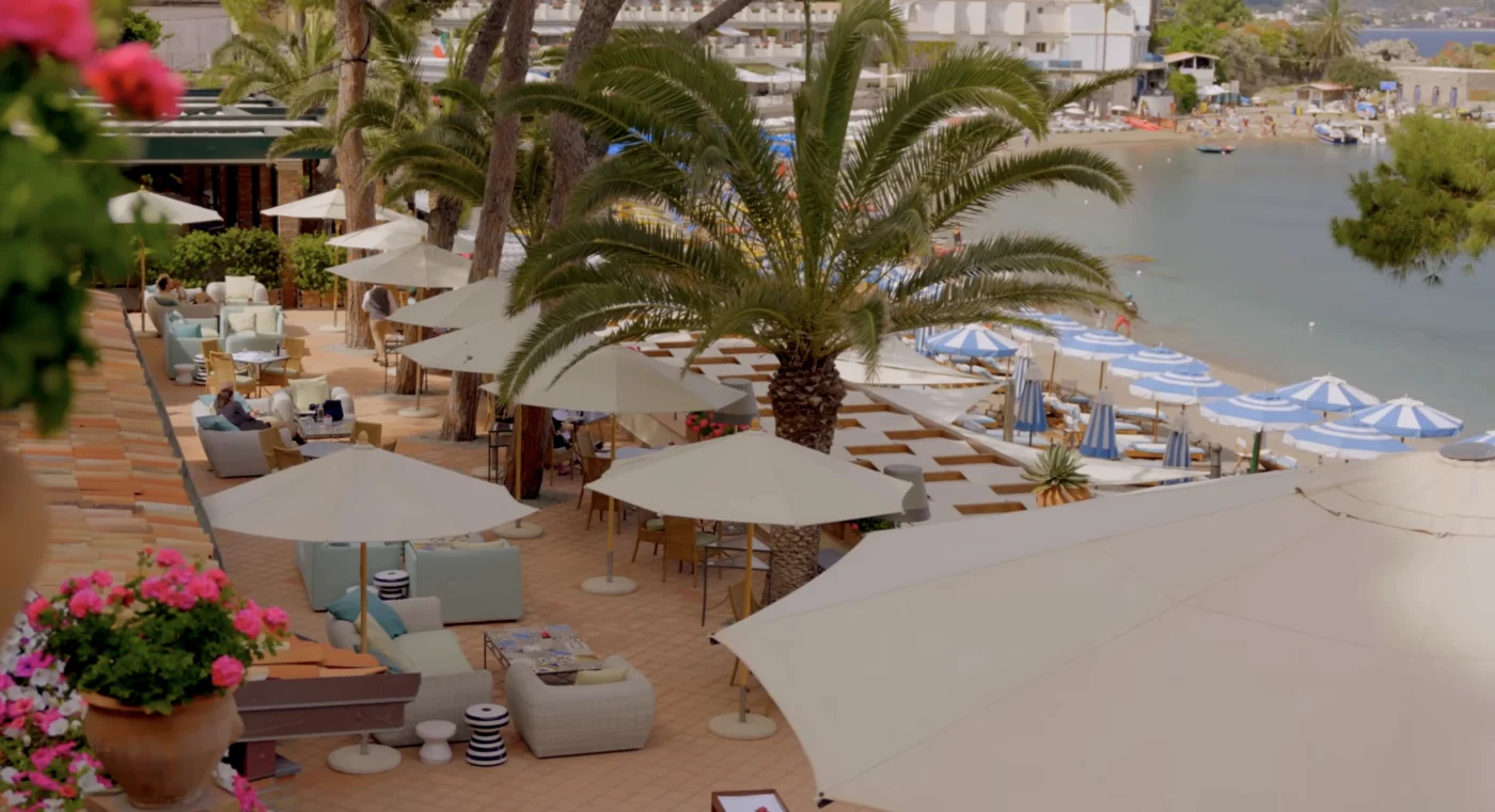 Villa Sant Andrea Taormina Outdoor Terrace White Umbrellas Mint Loungers Beach View