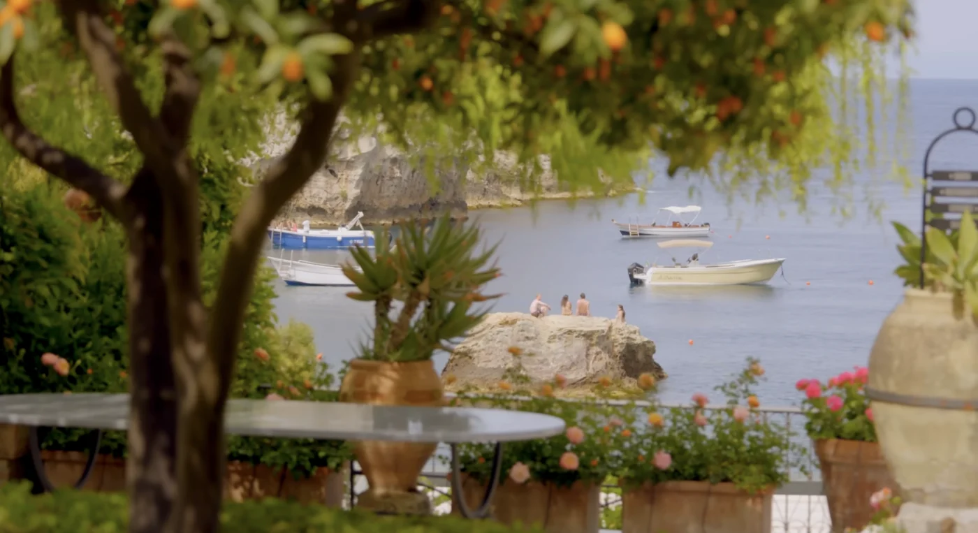 Villa Sant Andrea Taormina Terrace View Boats Rock Formation Bay Mountains