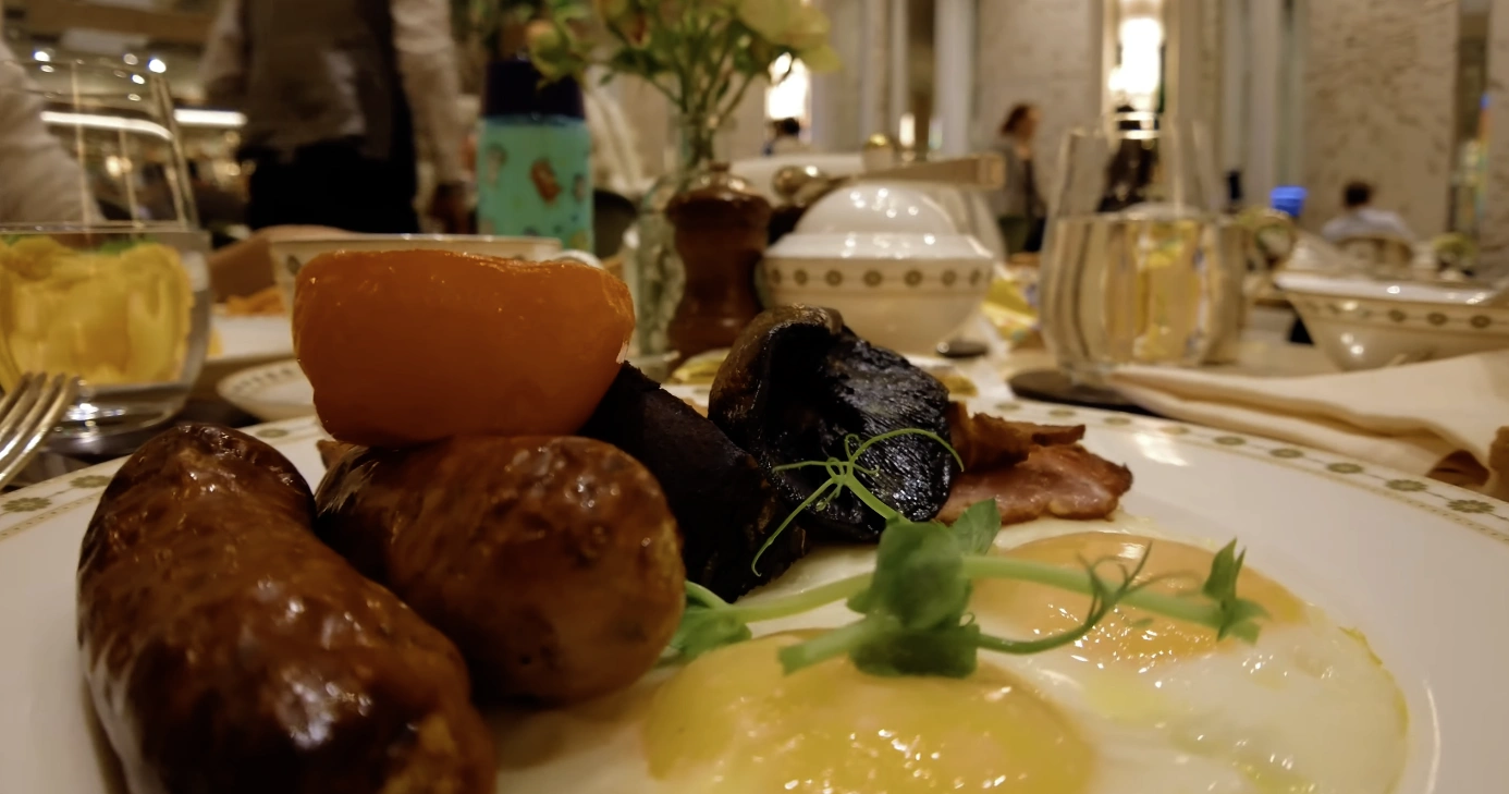 The Langham London — full English breakfast with sausages, black pudding and bacon