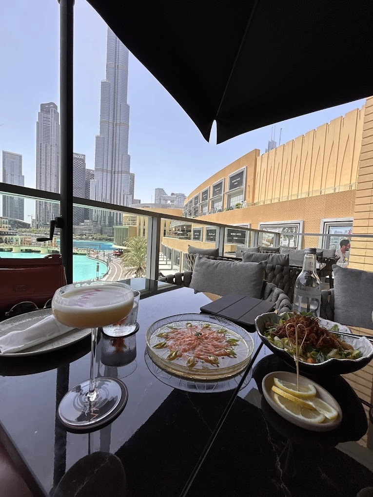 Amaya restaurant Dubai Mall terrace Dubai Fountain Burj Khalifa view
