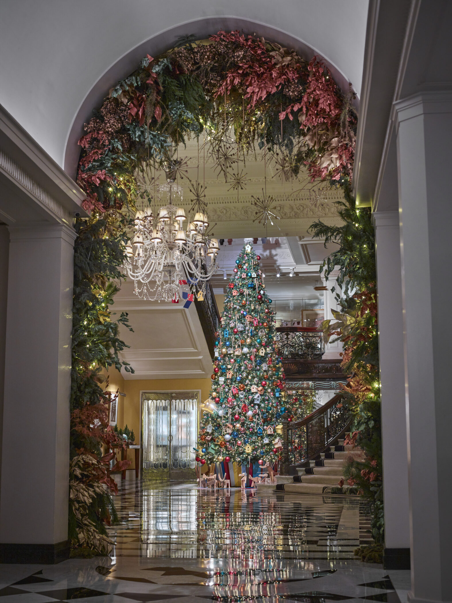 Claridge's Mayfair Art Deco lobby decorated with the annual designer Christmas tree
