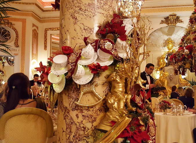 The Ritz London Palm Court decorated for Christmas afternoon tea