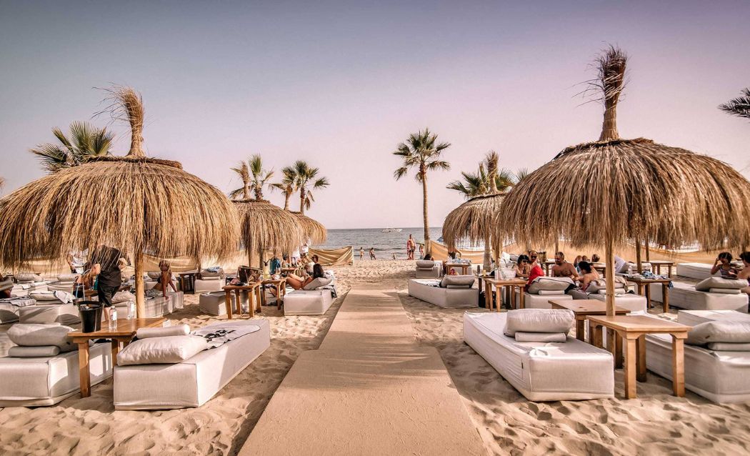 Playa Padre Marbella Balinese beds and beach club with Mediterranean sea views