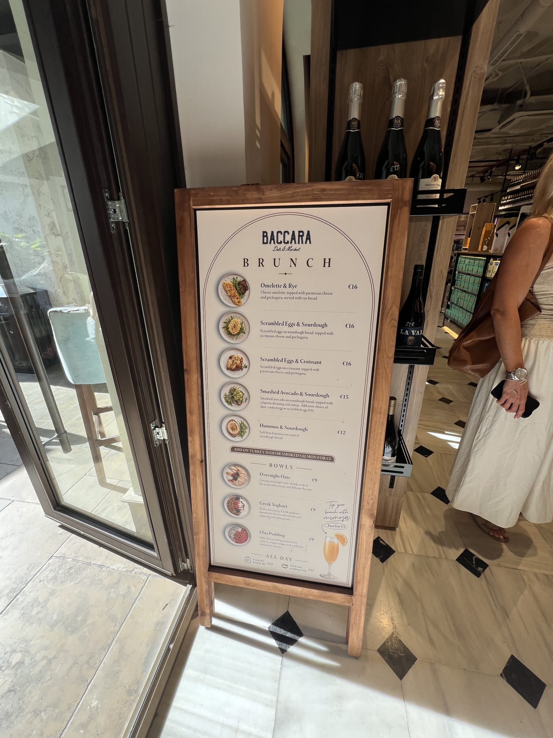 Baccara deli and market brunch menu sign at Forum Marbella