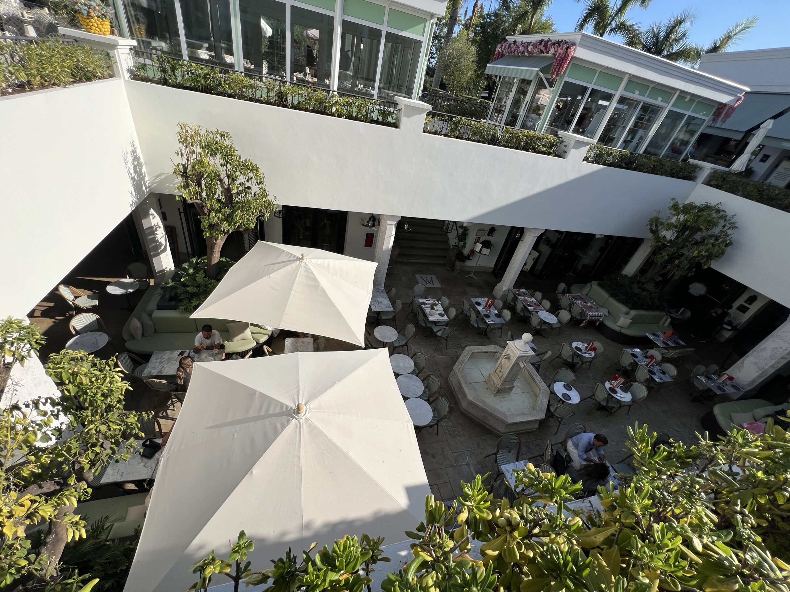 Aerial view of the courtyard fountain at Forum Marbella