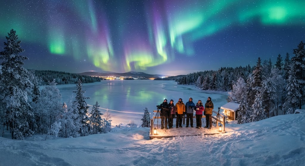 Aurora tour group watching the northern lights near Rovaniemi