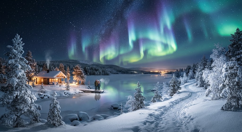Aurora viewing spot near Rovaniemi on a clear winter night