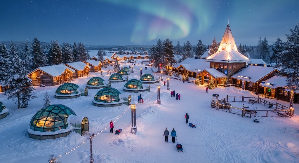Cabins and glass igloos at Santa Claus Village in Rovaniemi