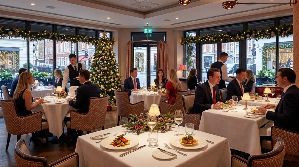 Christmas Day lunch service at a standalone London restaurant with festive table settings and diners