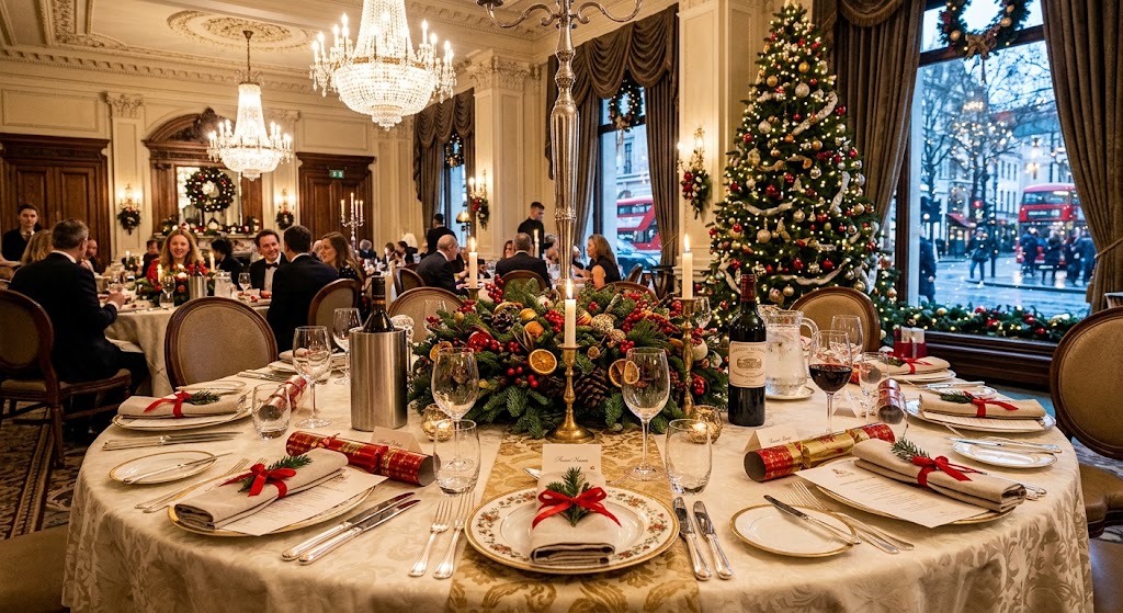 Christmas Day lunch table setting in a grand London hotel dining room decorated for the festive season