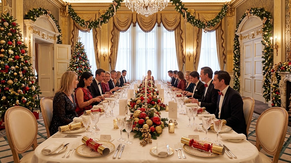 Claridge's French Salon dressed for Christmas Day lunch with festive table settings and seasonal decorations