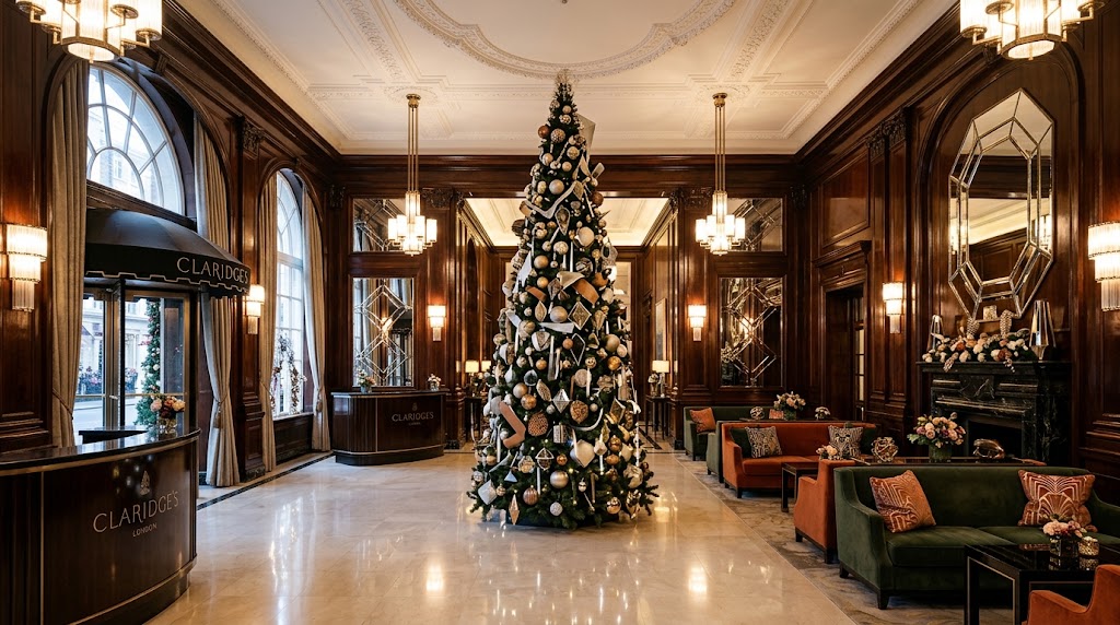 Claridge's Mayfair Art Deco lobby decorated with the annual designer Christmas tree
