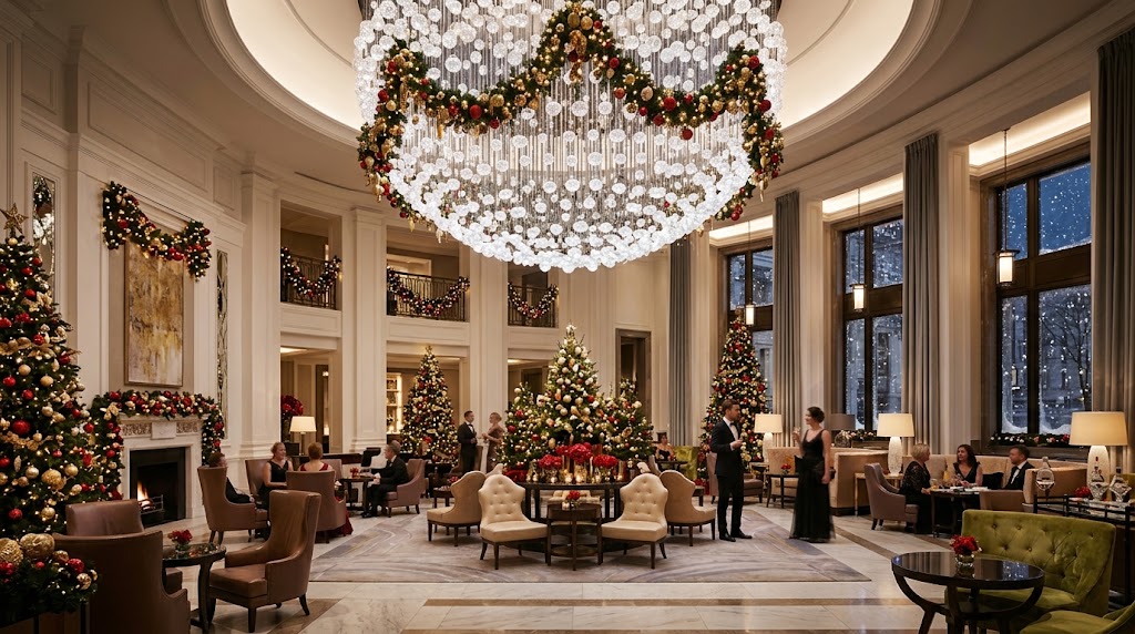 Corinthia London Whitehall lobby and chandelier decorated for Christmas