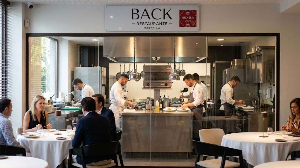 Glass-fronted kitchen at BACK restaurant, Marbella — one Michelin star, 2026