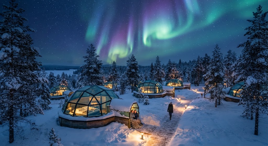 Glass igloo outside Rovaniemi under a winter sky
