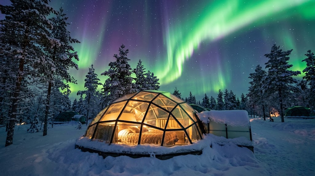 Glass igloo under the northern lights in Rovaniemi
