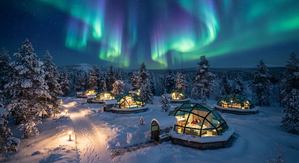 Glass igloos under the northern lights near Rovaniemi