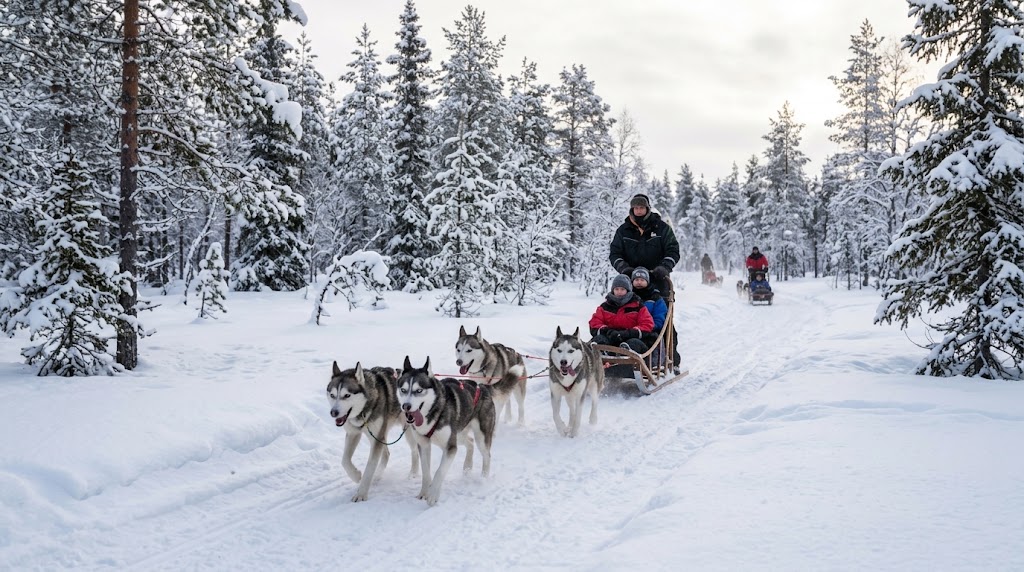 Husky safari in Rovaniemi on a snowy forest trail