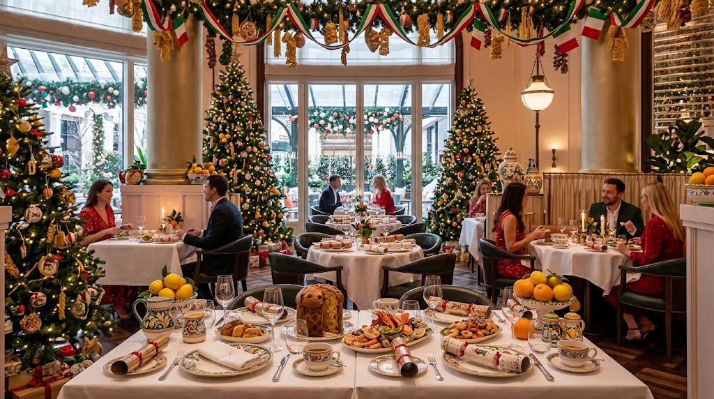 Mezzogiorno restaurant at Corinthia London dressed for Christmas Day lunch with Italian-inspired festive decor