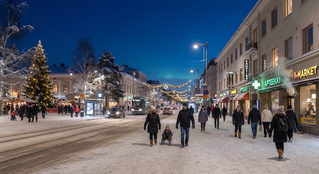 Rovaniemi city centre street in winter