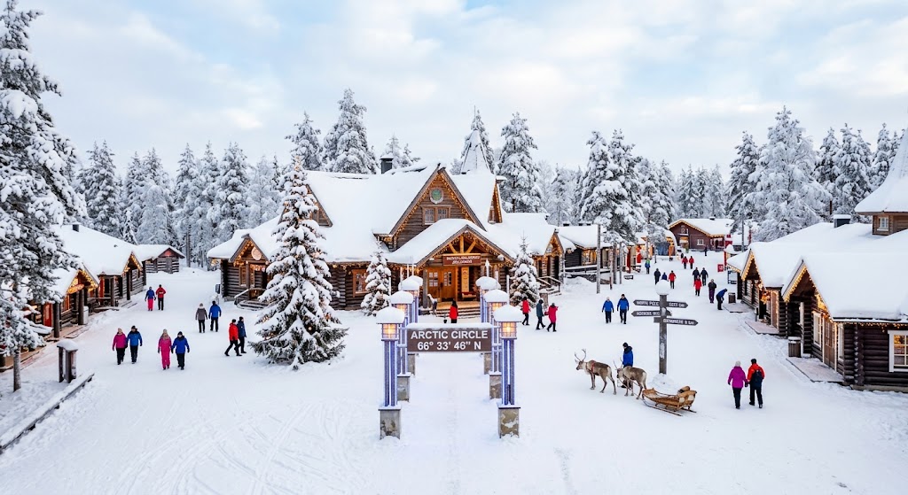 Santa Claus Village in Rovaniemi covered in winter snow