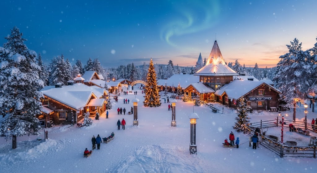 Santa Claus Village in Rovaniemi covered in winter snow