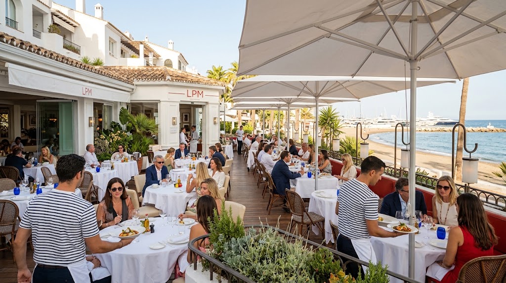 Seafront terrace at La Petite Maison, Puente Romano, Marbella
