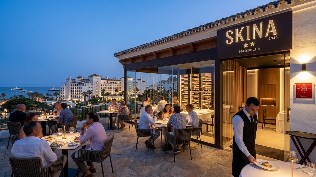 Skina restaurant on the Golden Mile, Marbella — two Michelin stars, 2026