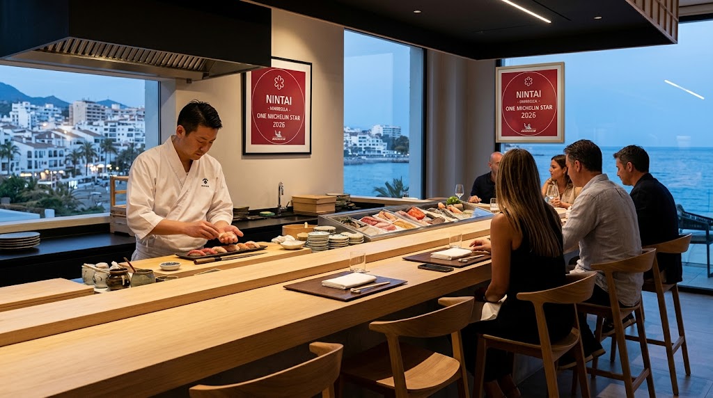 Sushi counter at Nintai restaurant, Marbella — one Michelin star, 2026