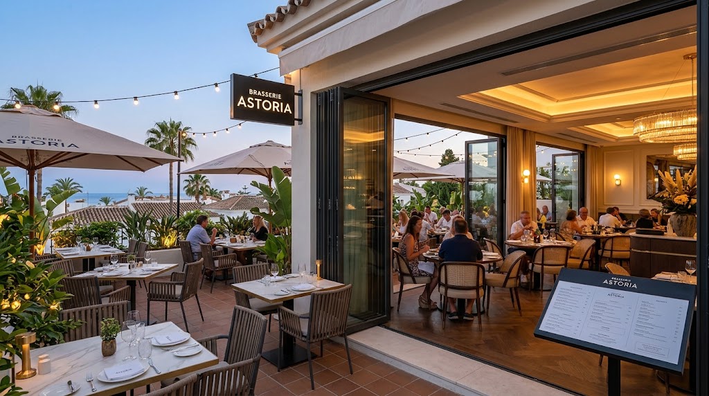 Terrace and dining room at Brasserie Astoria, Nueva Andalucía, Marbella