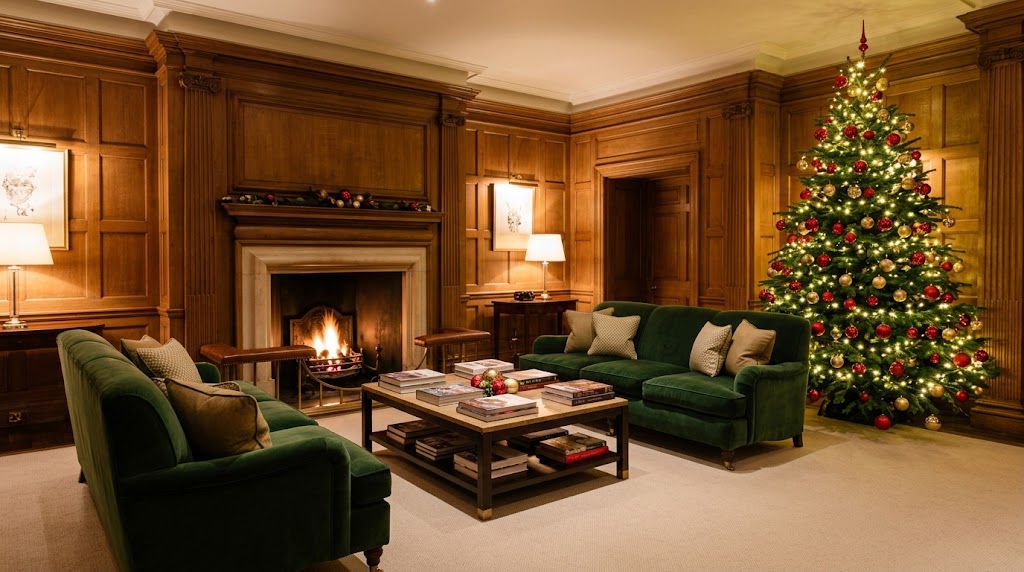 The Connaught Mayfair lobby decorated for Christmas with fireside seating