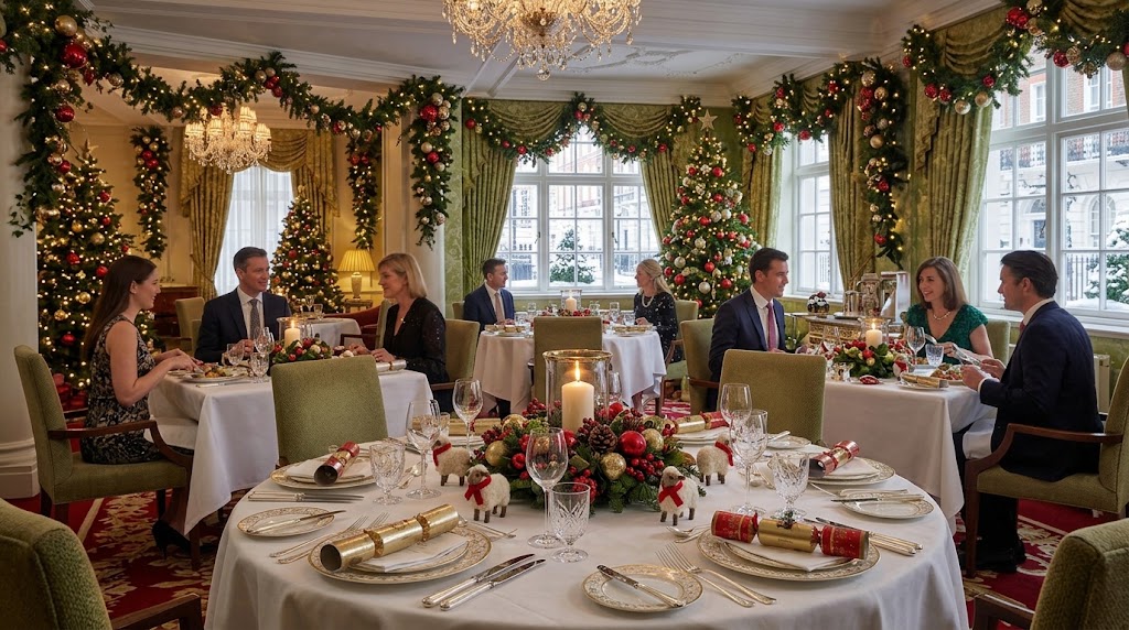 The Goring Belgravia Dining Room dressed for Christmas Day lunch with Michelin-starred festive table settings