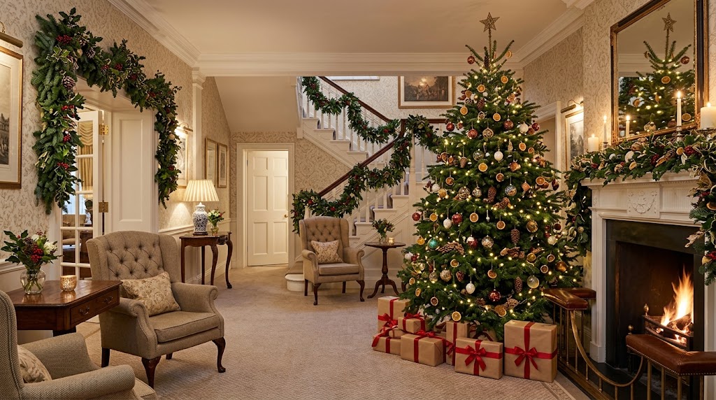 The Goring Belgravia lobby with English country-house Christmas decorations