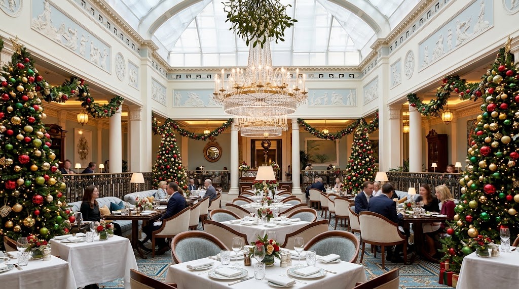 The Lanesborough Grill Knightsbridge dressed for Christmas Day lunch with festive decorations