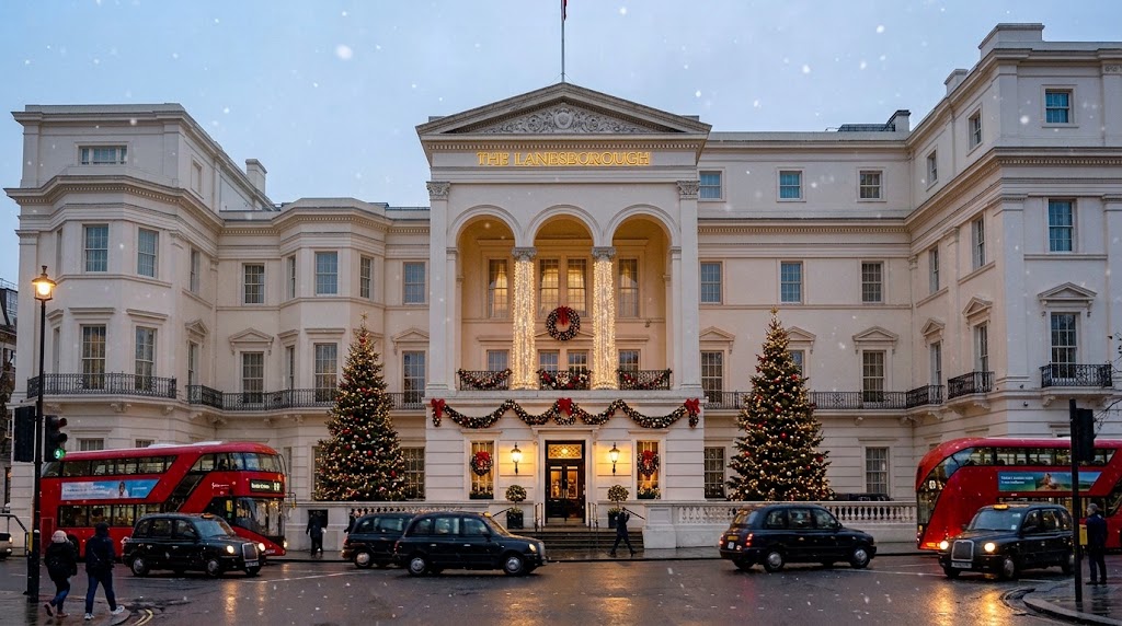 The Lanesborough neoclassical facade at Hyde Park Corner decorated for Christmas