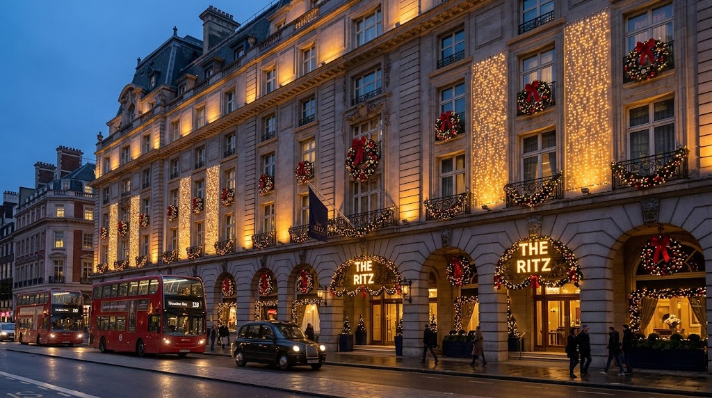 The Ritz London Piccadilly facade decorated with festive wreaths and lights