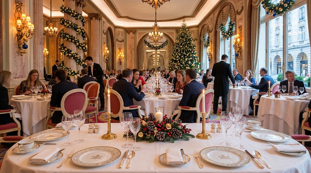 The Ritz Restaurant London Piccadilly dressed for Christmas Day lunch with gold and blue interior