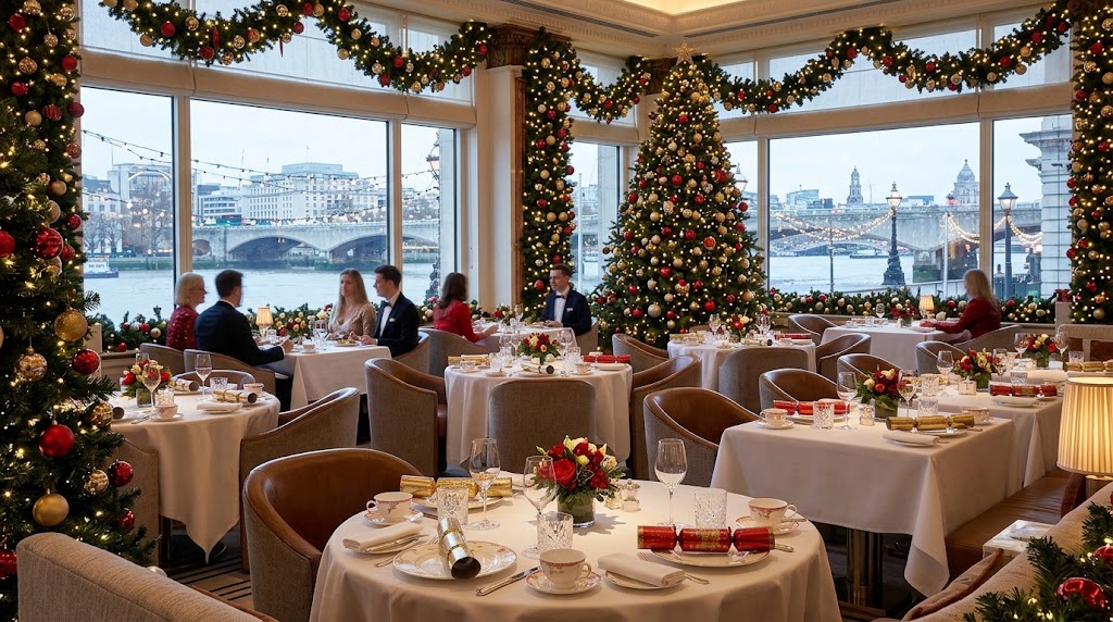 The Savoy London Gallery restaurant dressed for Christmas Day lunch with Thames-side festive views