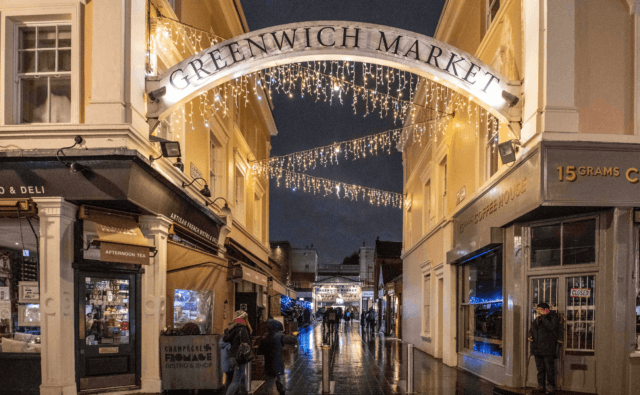 Greenwich Market at Christmas with independent stalls in south-east London