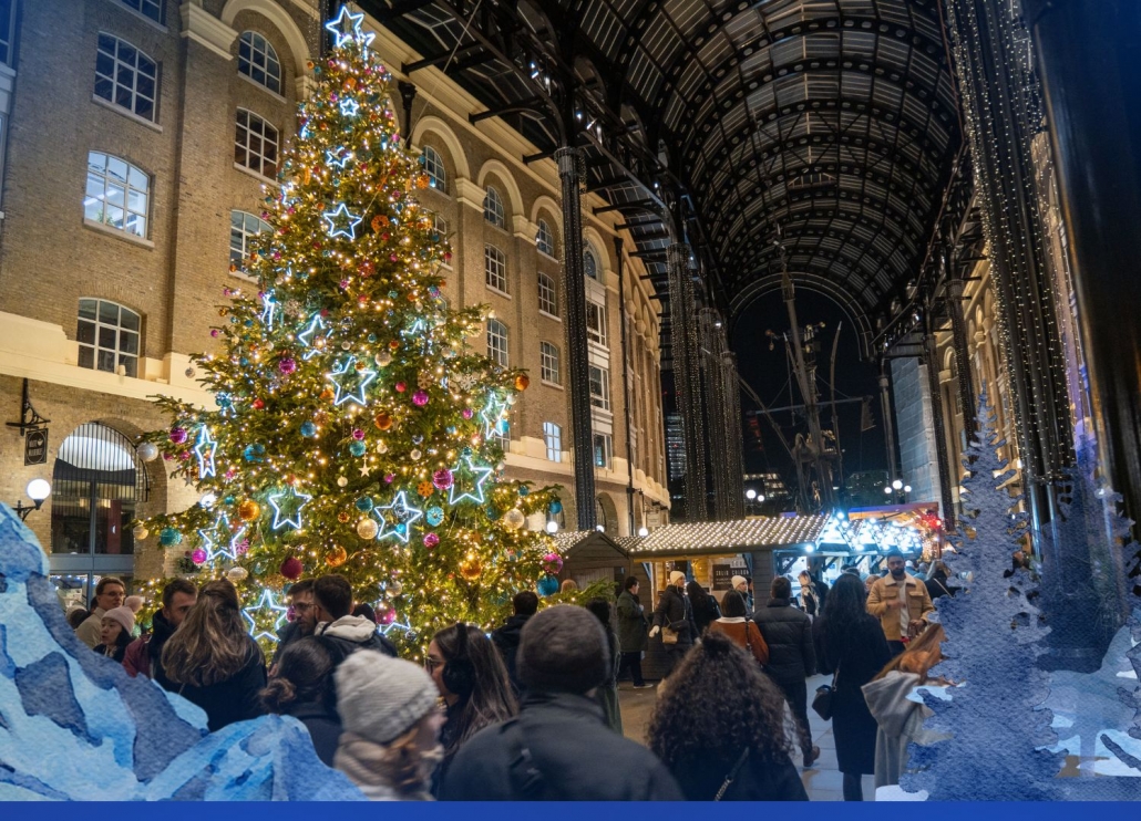 Winter by the River Christmas market beside the Thames near London Bridge and Tower Bridge